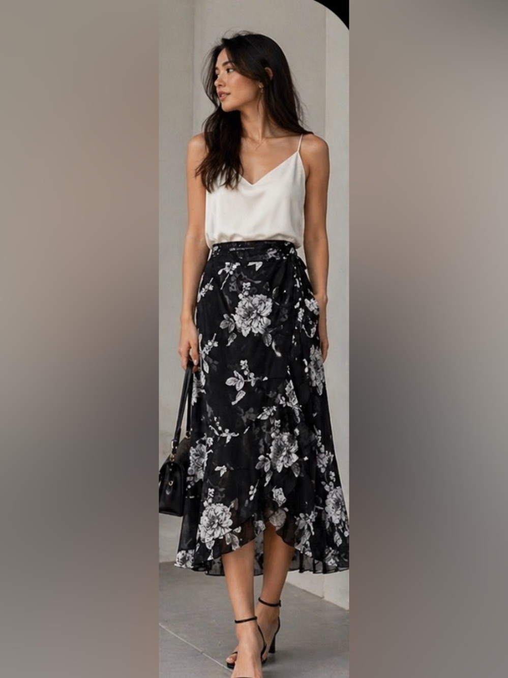 White House Black Market Black Floral Midi Skirt